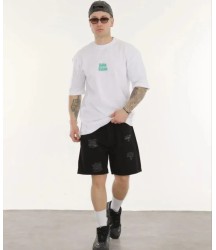 Unisex Bisiklet Yaka Baskılı Oversize T-Shirt - Beyaz
