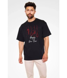 Unisex Bisiklet Yaka Baskılı Oversize T-Shirt - Siyah