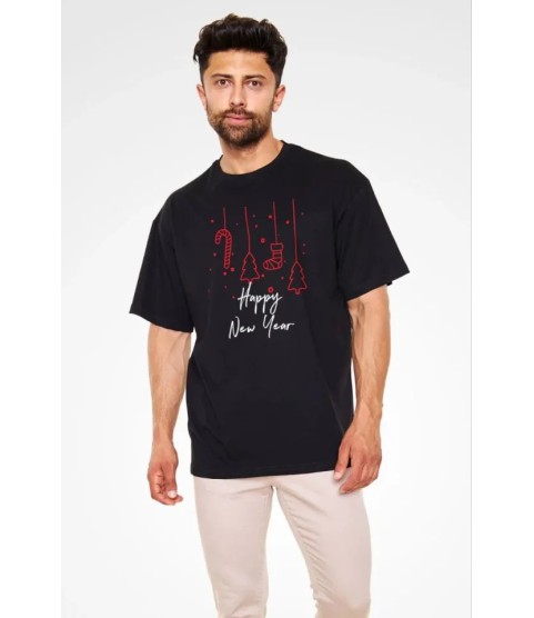 Unisex Bisiklet Yaka Baskılı Oversize T-Shirt - Siyah