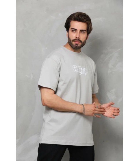 Unisex Bisiklet Yaka Baskılı Oversize T-Shirt - Gri