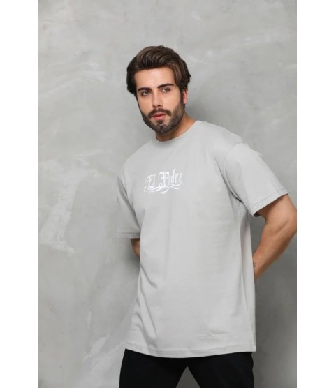 Unisex Bisiklet Yaka Baskılı Oversize T-Shirt - Gri