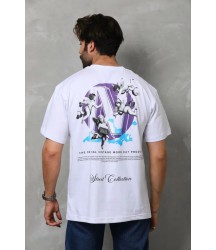 Unisex Bisiklet Yaka Baskılı Oversize T-Shirt - Beyaz