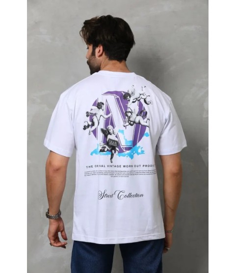 Unisex Bisiklet Yaka Baskılı Oversize T-Shirt - Beyaz