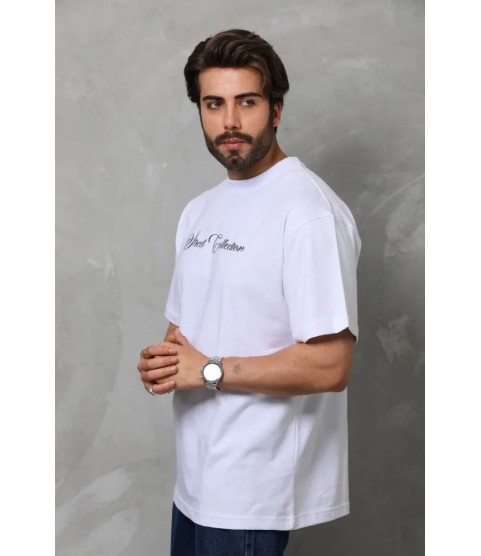 Unisex Bisiklet Yaka Baskılı Oversize T-Shirt - Beyaz