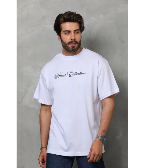 Unisex Bisiklet Yaka Baskılı Oversize T-Shirt - Beyaz