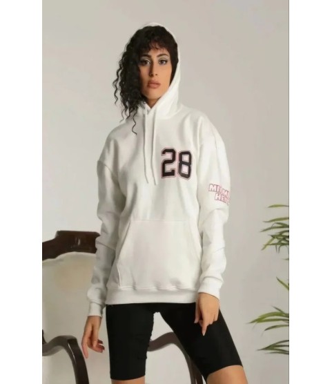 Unisex Kapşonlu Baskılı Sweetshirt - Beyaz