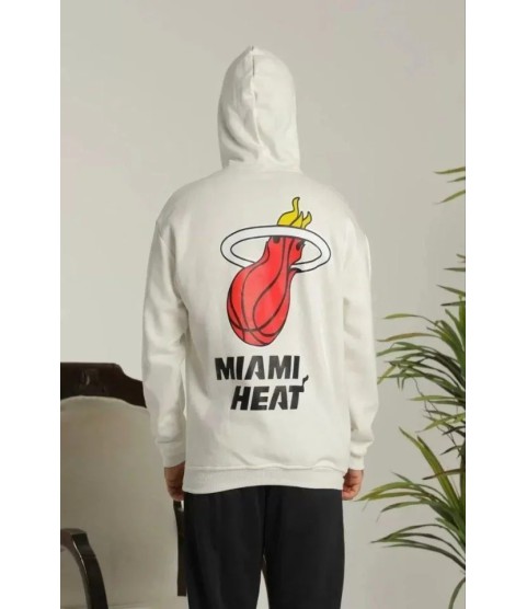Unisex Kapşonlu Baskılı Sweetshirt - Beyaz