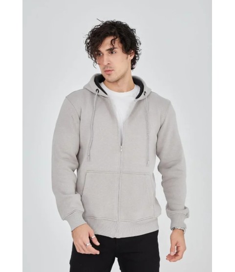 Unisex Tam Fermuarlı Kapşonlu  SweatShirt - Boyalı Gri