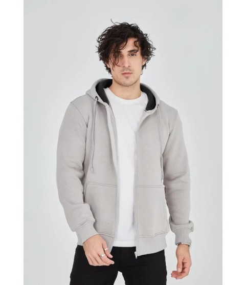 Unisex Tam Fermuarlı Kapşonlu  SweatShirt - Boyalı Gri