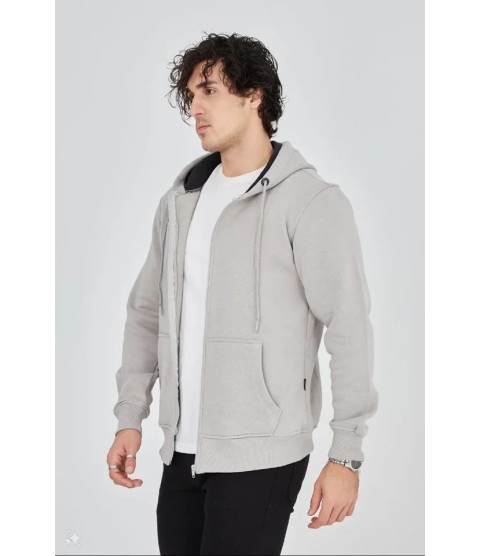 Unisex Tam Fermuarlı Kapşonlu  SweatShirt - Boyalı Gri