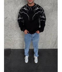 Yıldırım Baskılı Bisiklet Yaka SweatShirt - Siyah