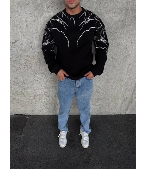Yıldırım Baskılı Bisiklet Yaka SweatShirt - Siyah