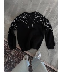 Yıldırım Baskılı Bisiklet Yaka SweatShirt - Siyah