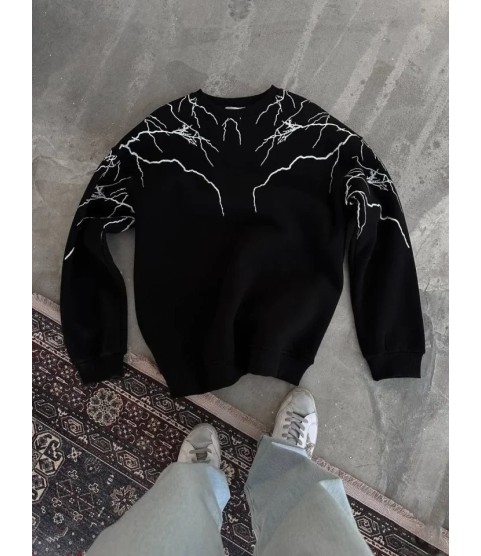 Yıldırım Baskılı Bisiklet Yaka SweatShirt - Siyah
