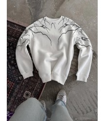 Yıldırım Baskılı Bisiklet Yaka SweatShirt - Beyaz