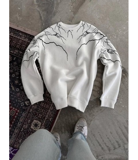 Yıldırım Baskılı Bisiklet Yaka SweatShirt - Beyaz