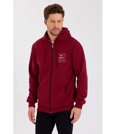 Unisex Tam Fermuarlı Kapşonlu Özel Tasarım SweatShirt - Bordo
