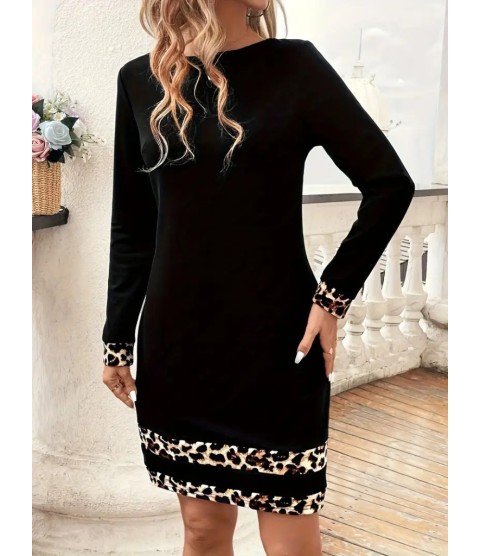 Kadın Uzun Kollu Bisiklet Yaka şerit Leopar Desenli Kısa Dalgıç Elbise