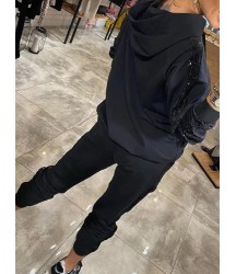 Kadın Uzun Kollu Kapşonlu Pulpayet Detay Viskon Iki Iplik Bluz Ve Pantolon Ikili Takım