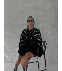 Yıldırım Baskılı Bisiklet Yaka SweatShirt - Siyah