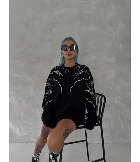 Yıldırım Baskılı Bisiklet Yaka SweatShirt - Siyah
