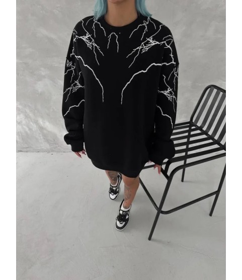 Yıldırım Baskılı Bisiklet Yaka SweatShirt - Siyah