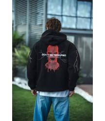 Üç İplik Kapüşonlu Baskılı Oversize SweatShirt- Siyah