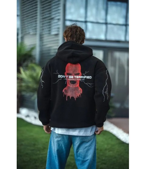 Üç İplik Kapüşonlu Baskılı Oversize SweatShirt- Siyah