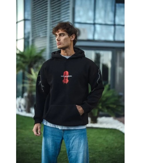 Üç İplik Kapüşonlu Baskılı Oversize SweatShirt- Siyah