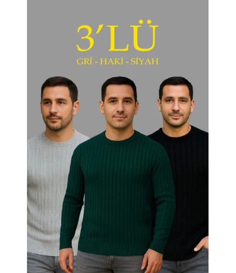 Erkek Fitilli Triko Kazak 3lü Set Gri Haki Siyah Regular Fit Bisiklet Yaka Triko Seti Modeli Kazak