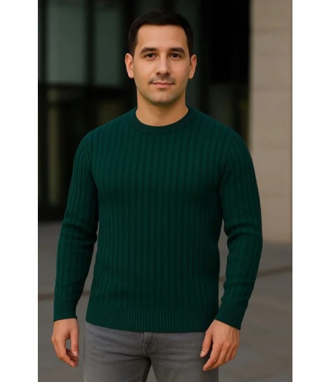 Erkek Fitilli Triko Kazak 3lü Set Gri Haki Siyah Regular Fit Bisiklet Yaka Triko Seti Modeli Kazak