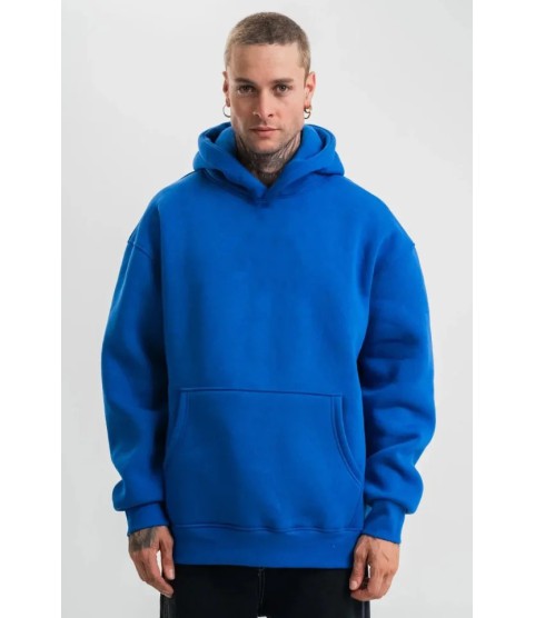 Erkek Saks Mavi Double Oversize 3 İplik Pamuklu Kapüşonlu Kanguru Cepli Sweatshirt Hoodie - Saks Mavi