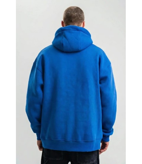 Erkek Saks Mavi Double Oversize 3 İplik Pamuklu Kapüşonlu Kanguru Cepli Sweatshirt Hoodie - Saks Mavi
