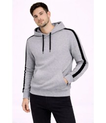 Erkek Şeritli Kapüşonlu Sweatshirt Oversize 3 Iplik Pamuklu - Gri