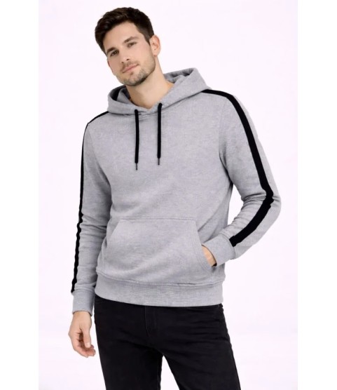 Erkek Şeritli Kapüşonlu Sweatshirt Oversize 3 Iplik Pamuklu - Gri