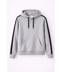 Erkek Şeritli Kapüşonlu Sweatshirt Oversize 3 Iplik Pamuklu - Gri