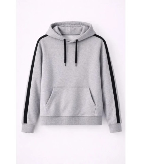 Erkek Şeritli Kapüşonlu Sweatshirt Oversize 3 Iplik Pamuklu - Gri