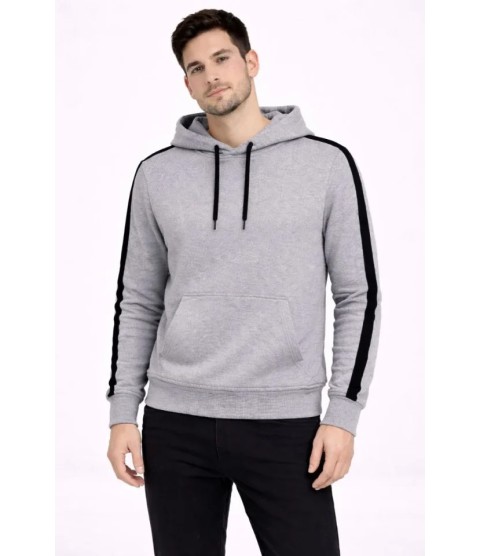 Erkek Şeritli Kapüşonlu Sweatshirt Oversize 3 Iplik Pamuklu - Gri