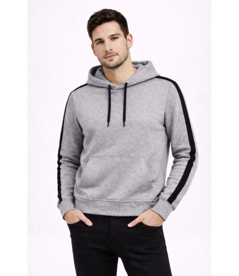 Erkek Şeritli Kapüşonlu Sweatshirt Oversize 3 Iplik Pamuklu - Gri