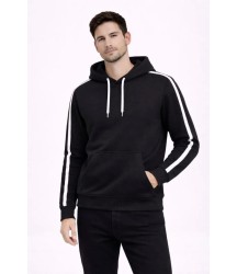 Erkek Şeritli Kapüşonlu Sweatshirt Oversize 3 Iplik Pamuklu - Siyah