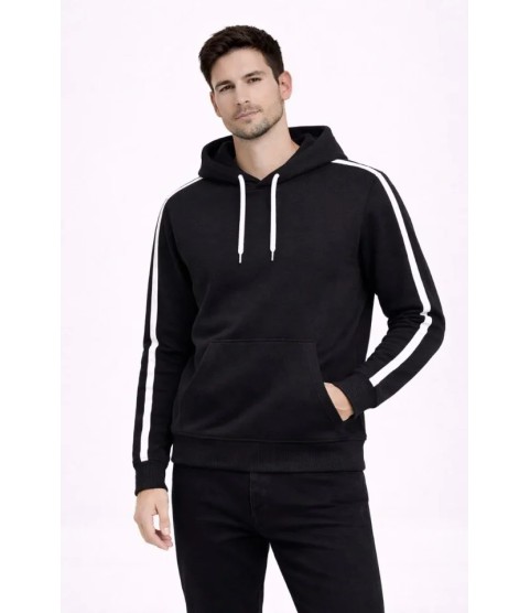 Erkek Şeritli Kapüşonlu Sweatshirt Oversize 3 Iplik Pamuklu - Siyah