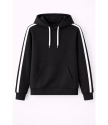 Erkek Şeritli Kapüşonlu Sweatshirt Oversize 3 Iplik Pamuklu - Siyah