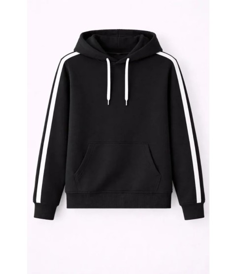 Erkek Şeritli Kapüşonlu Sweatshirt Oversize 3 Iplik Pamuklu - Siyah