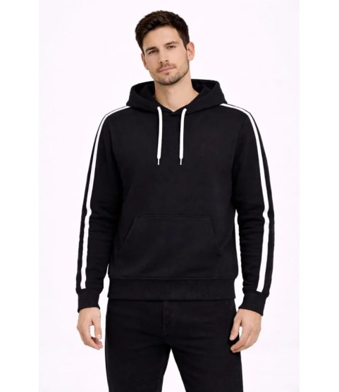 Erkek Şeritli Kapüşonlu Sweatshirt Oversize 3 Iplik Pamuklu - Siyah