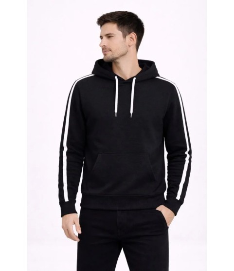 Erkek Şeritli Kapüşonlu Sweatshirt Oversize 3 Iplik Pamuklu - Siyah