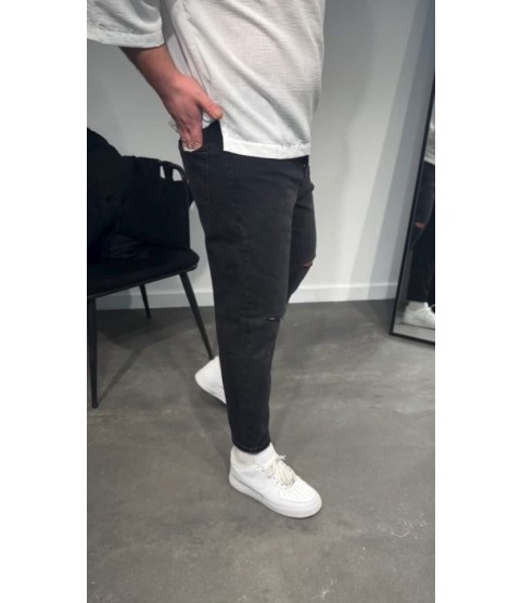 Erkek Siyah Dizi Yırtık Boyfriend Jean