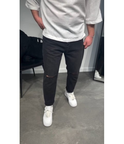 Erkek Siyah Dizi Yırtık Boyfriend Jean