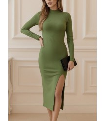 Kadın Uzun Kollu Balıkçı Yakalı Yanlardan Yırtmaçlı Kaşkorse Maxi Elbise