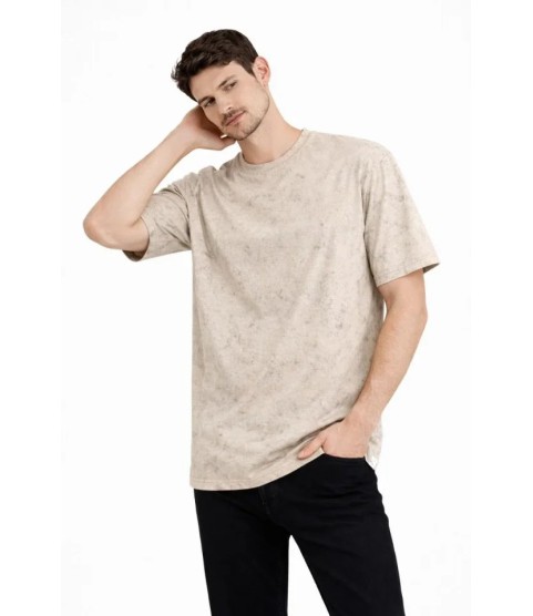 Erkek Asit Yıkama Bisiklet Yaka Kısa Kollu Oversize T-Shirt Tişört - Bej