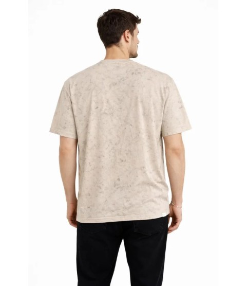 Erkek Asit Yıkama Bisiklet Yaka Kısa Kollu Oversize T-Shirt Tişört - Bej